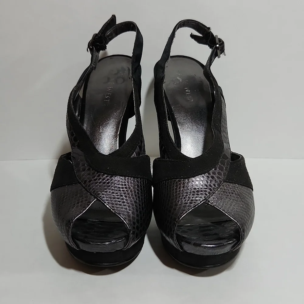 Nine West Women's Black Snakeskin Suede Slingback Peep Toe Cut-Out Heels Size 5